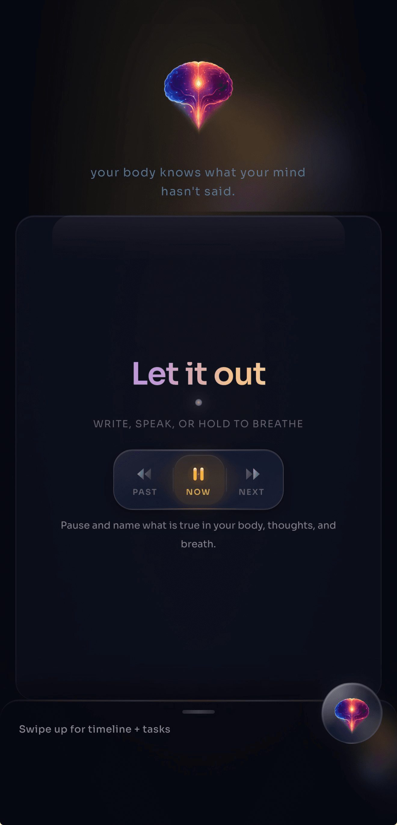 POMWELL Let It Out screen: brain-pomegranate mark, 'your body knows what your mind hasn't said', write / speak / hold to breathe